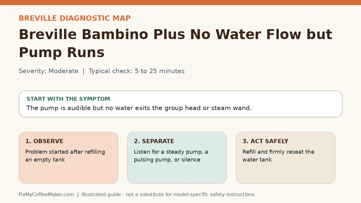 Diagnostic decision map for Breville Bambino Plus No Water Flow but Pump Runs
