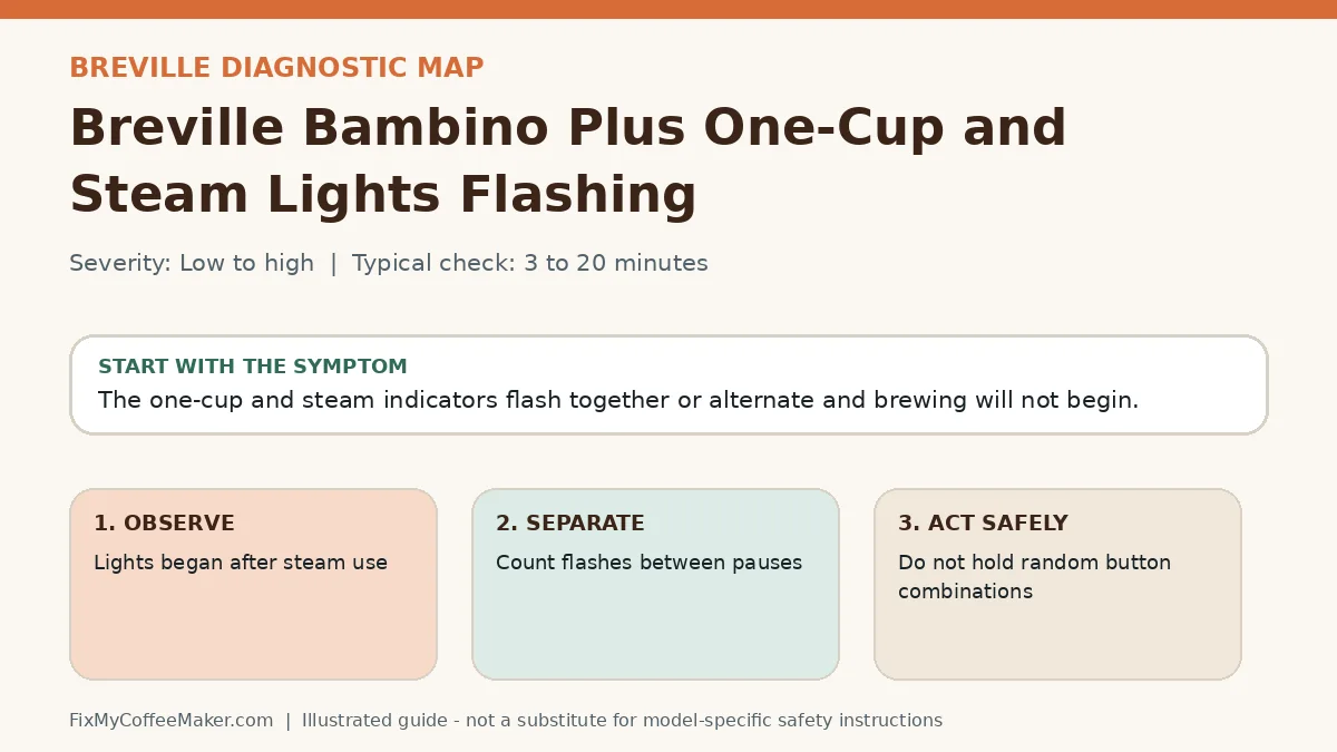 Diagnostic decision map for Breville Bambino Plus One-Cup and Steam Lights Flashing