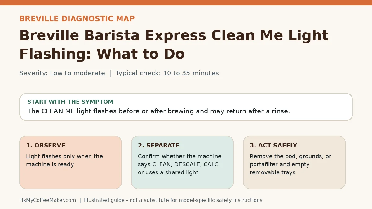 Diagnostic decision map for Breville Barista Express Clean Me Light Flashing: What to Do