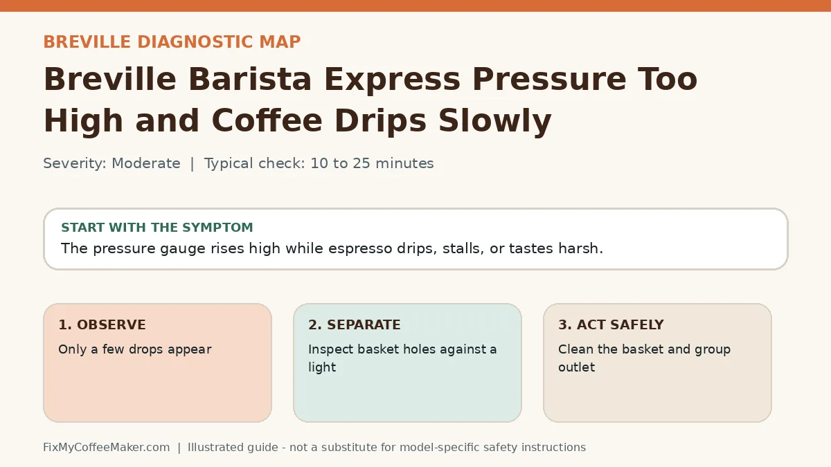 Diagnostic decision map for Breville Barista Express Pressure Too High and Coffee Drips Slowly