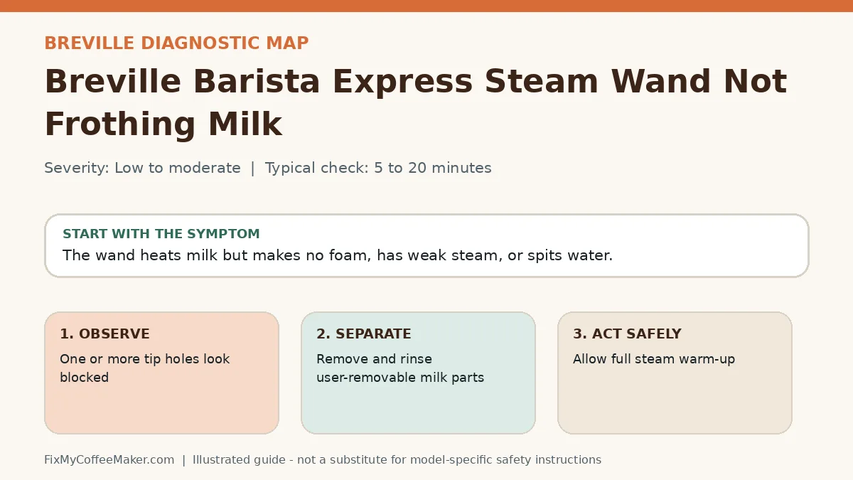 Diagnostic decision map for Breville Barista Express Steam Wand Not Frothing Milk
