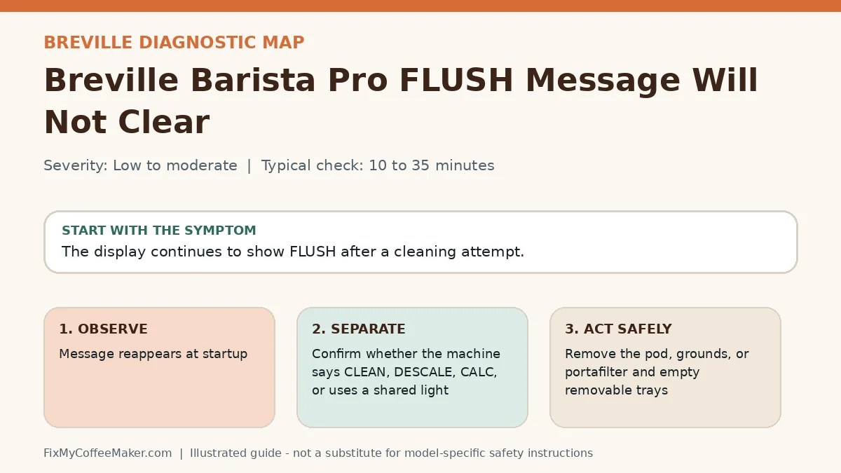 Diagnostic decision map for Breville Barista Pro FLUSH Message Will Not Clear
