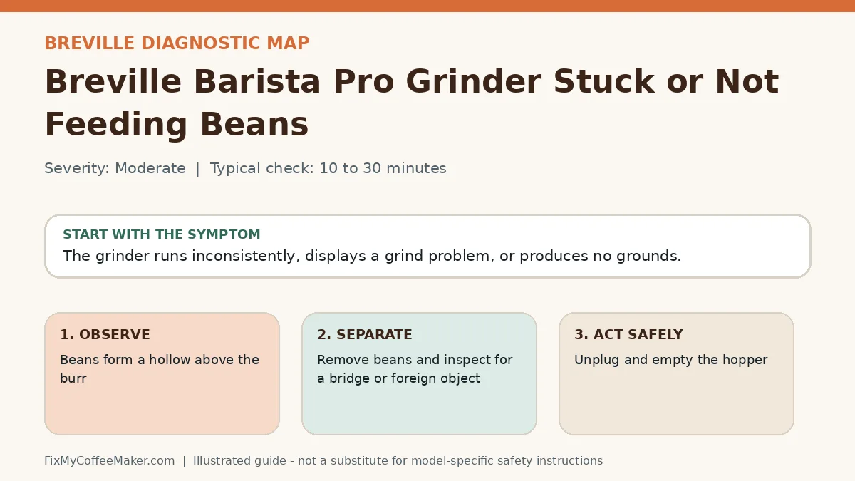 Diagnostic decision map for Breville Barista Pro Grinder Stuck or Not Feeding Beans
