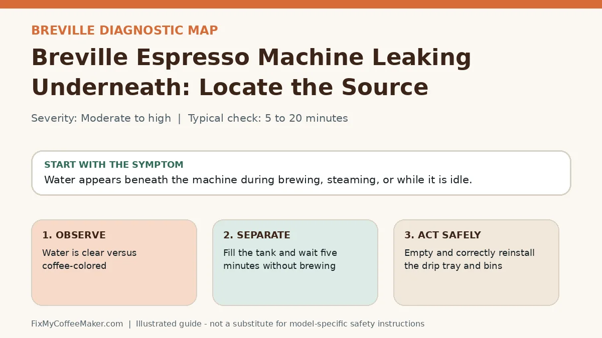 Diagnostic decision map for Breville Espresso Machine Leaking Underneath: Locate the Source
