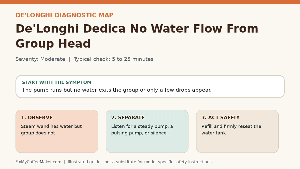Diagnostic decision map for De'Longhi Dedica No Water Flow From Group Head
