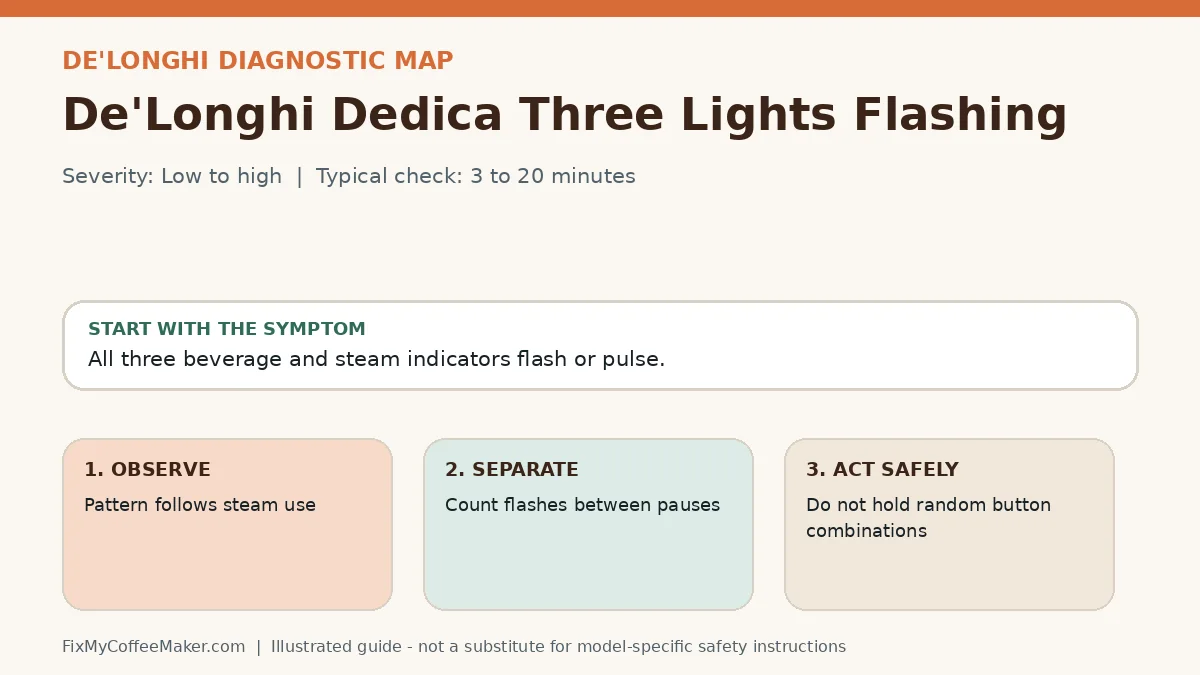 Diagnostic decision map for De'Longhi Dedica Three Lights Flashing