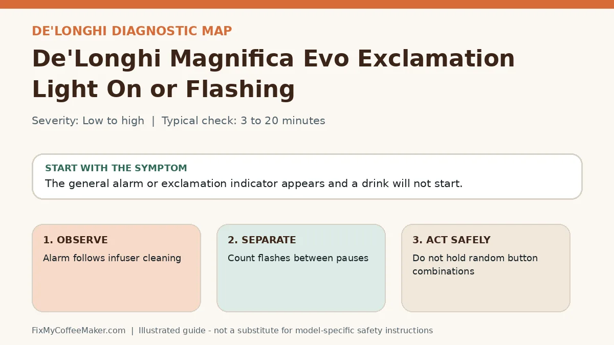 Diagnostic decision map for De'Longhi Magnifica Evo Exclamation Light On or Flashing