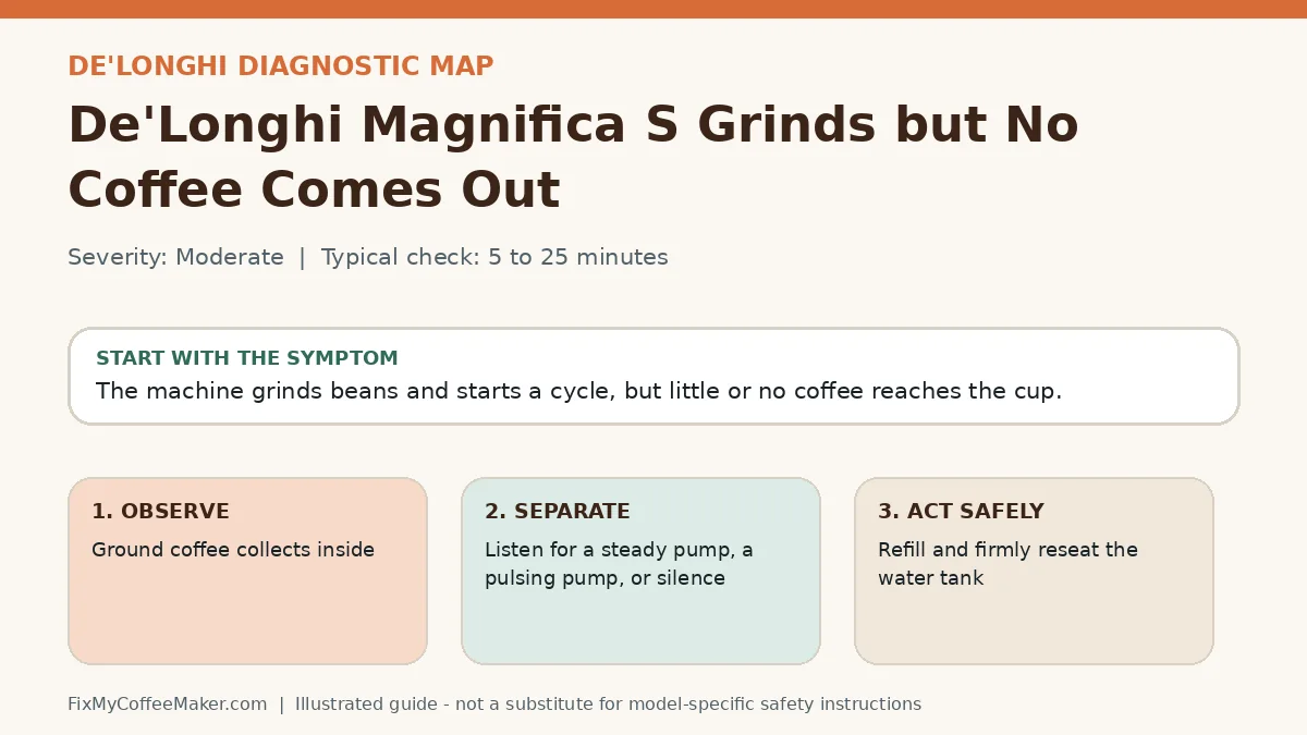 Diagnostic decision map for De'Longhi Magnifica S Grinds but No Coffee Comes Out