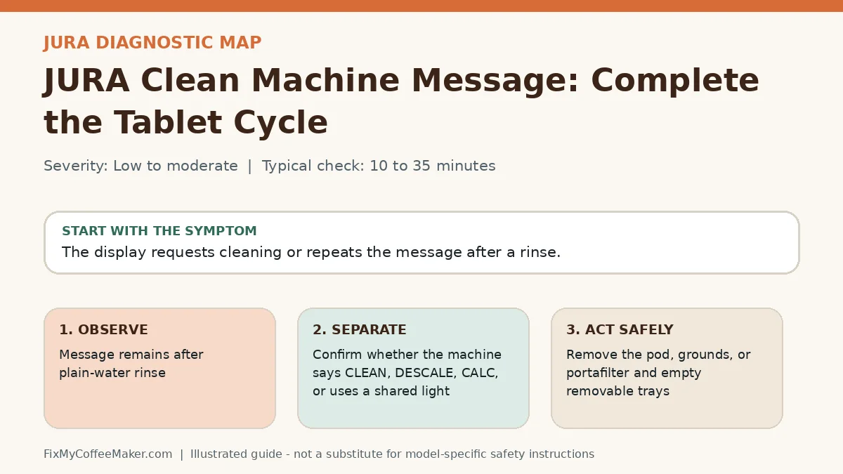 Diagnostic decision map for JURA Clean Machine Message: Complete the Tablet Cycle