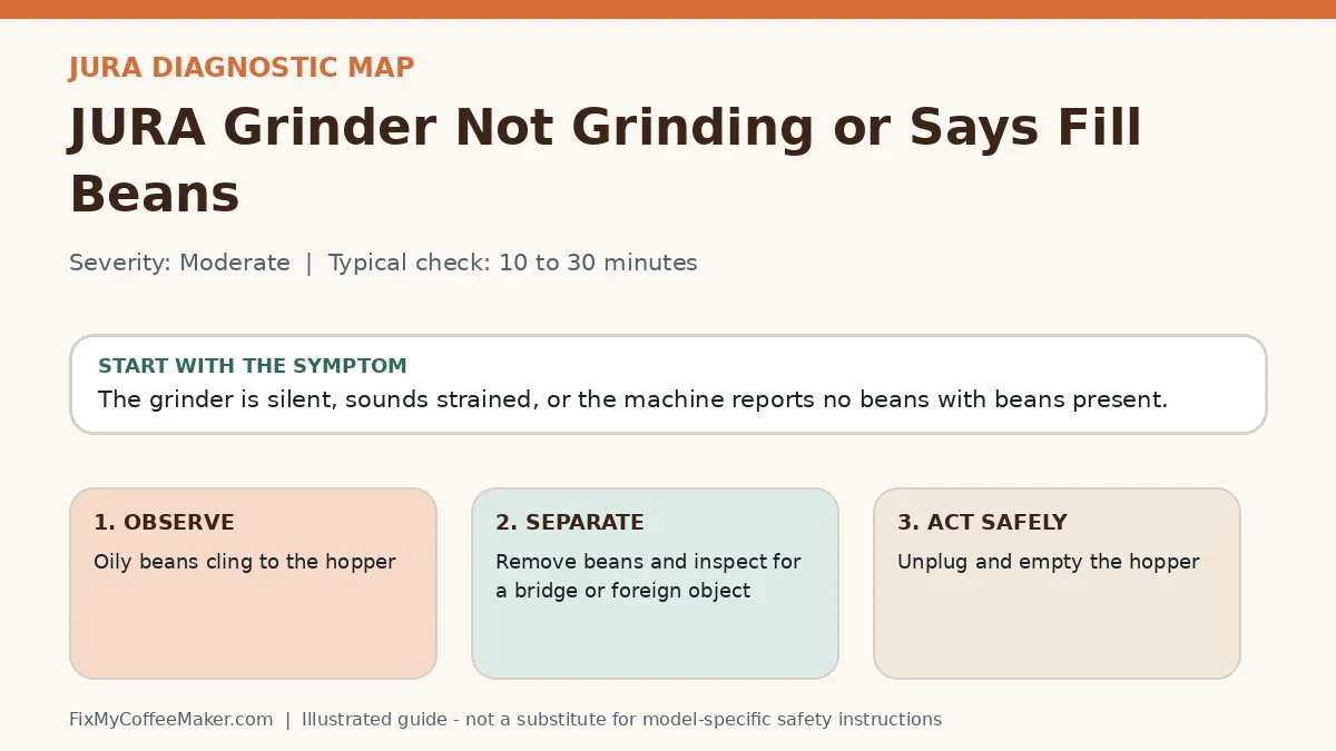 Diagnostic decision map for JURA Grinder Not Grinding or Says Fill Beans