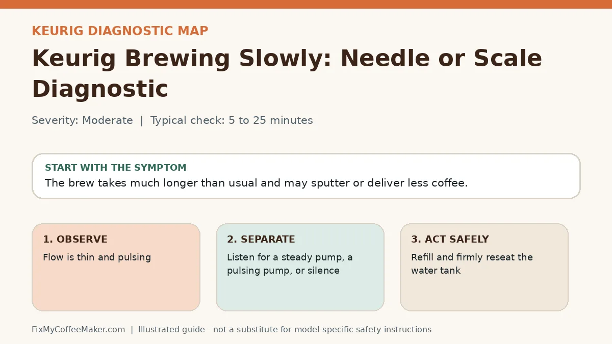 Diagnostic decision map for Keurig Brewing Slowly: Needle or Scale Diagnostic
