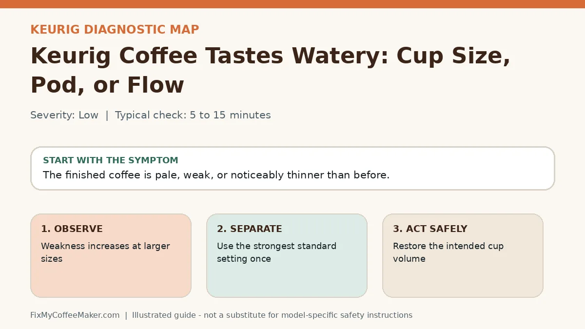 Diagnostic decision map for Keurig Coffee Tastes Watery: Cup Size, Pod, or Flow