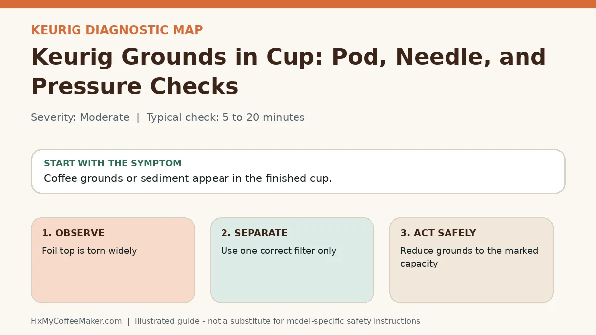 Diagnostic decision map for Keurig Grounds in Cup: Pod, Needle, and Pressure Checks