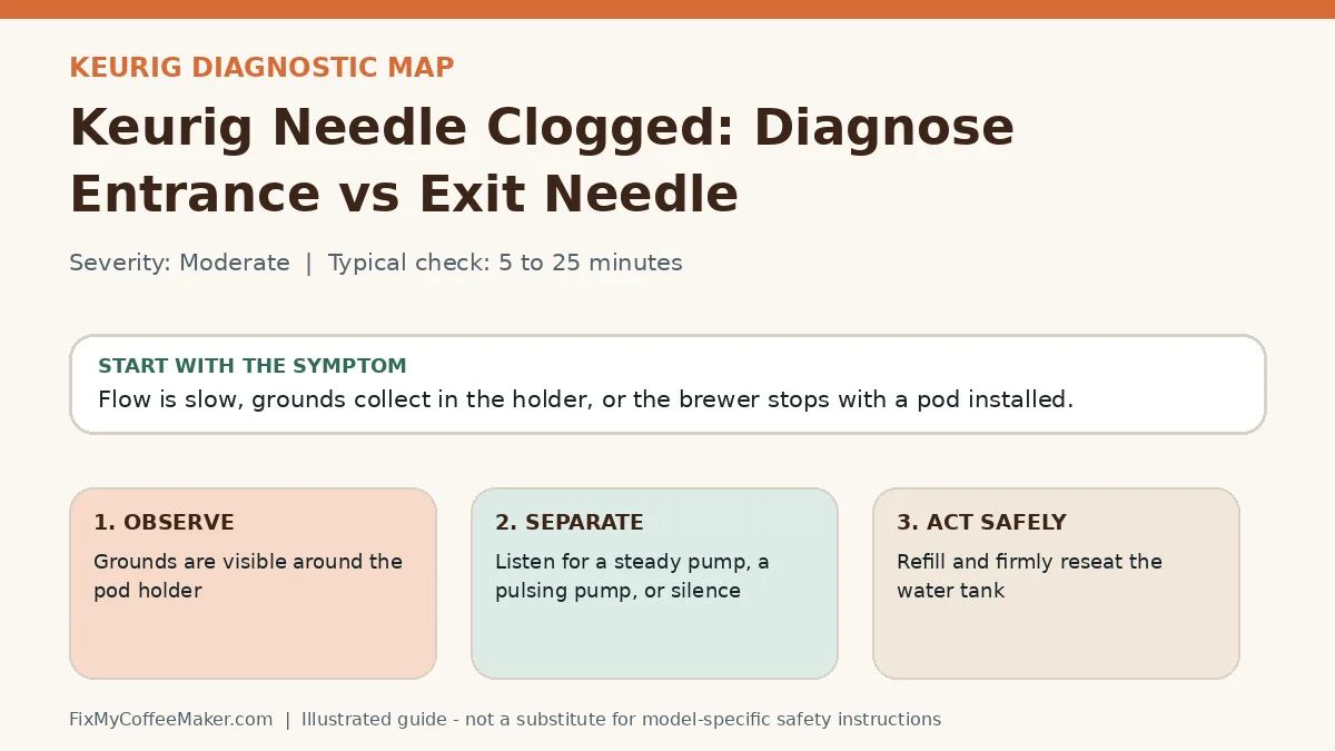 Diagnostic decision map for Keurig Needle Clogged: Diagnose Entrance vs Exit Needle
