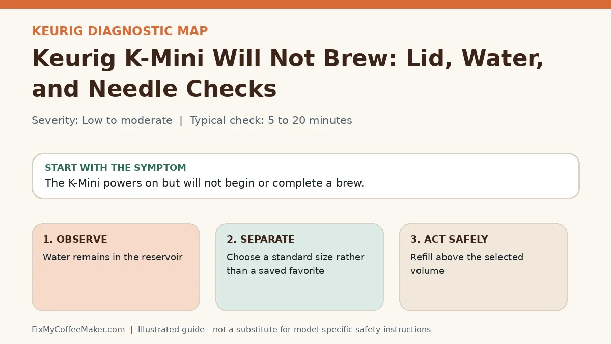 Diagnostic decision map for Keurig K-Mini Will Not Brew: Lid, Water, and Needle Checks