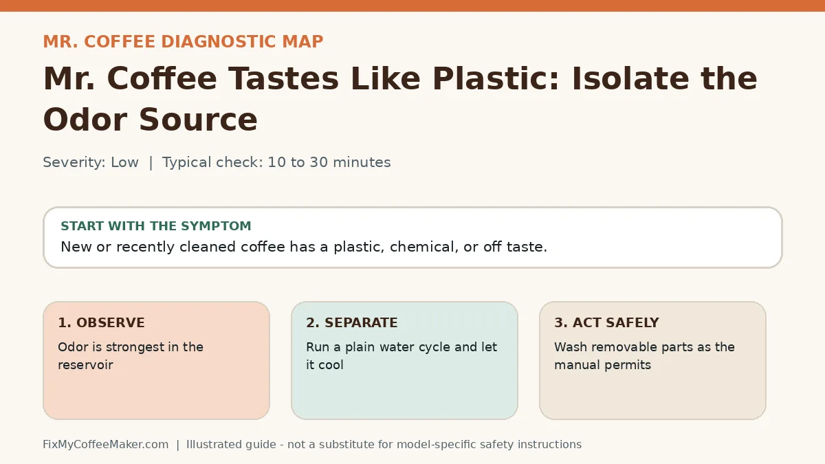 Diagnostic decision map for Mr. Coffee Tastes Like Plastic: Isolate the Odor Source