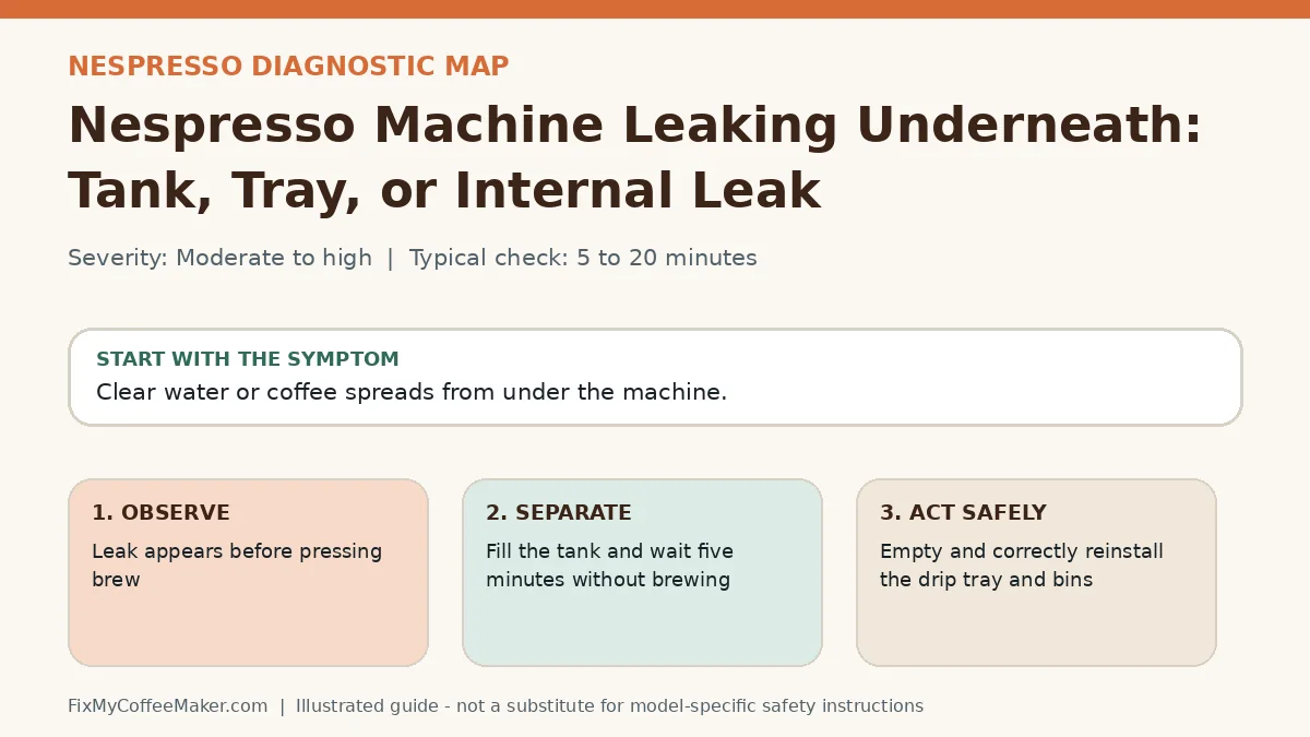 Diagnostic decision map for Nespresso Machine Leaking Underneath: Tank, Tray, or Internal Leak