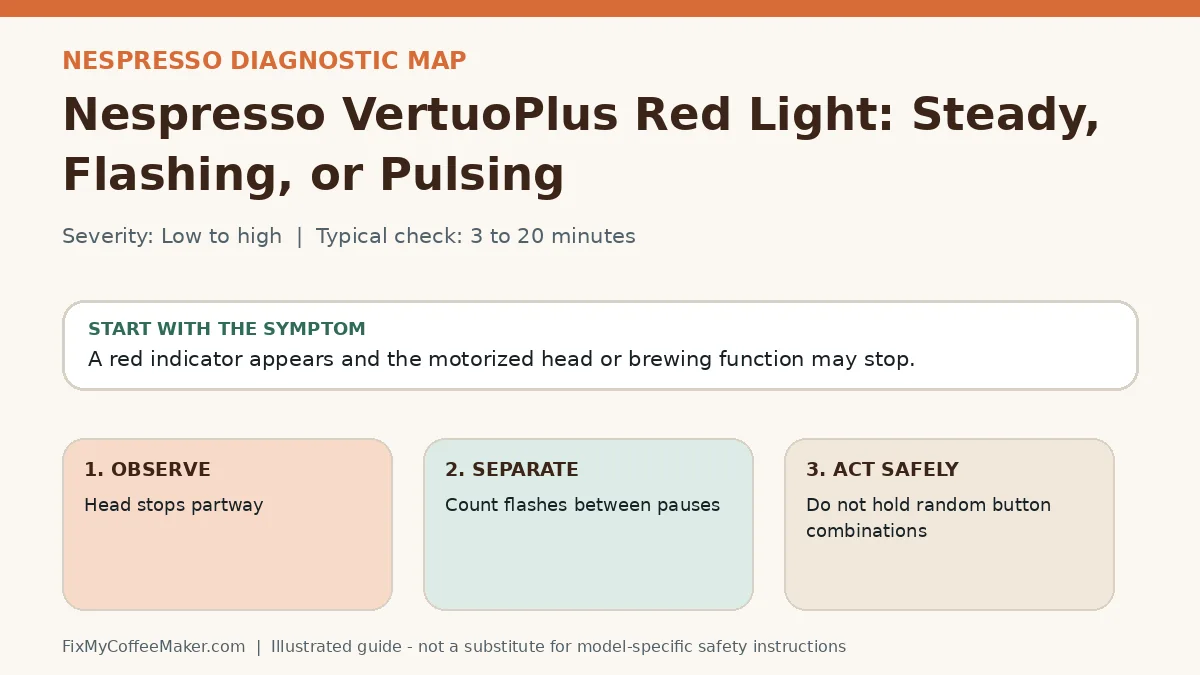 Diagnostic decision map for Nespresso VertuoPlus Red Light: Steady, Flashing, or Pulsing
