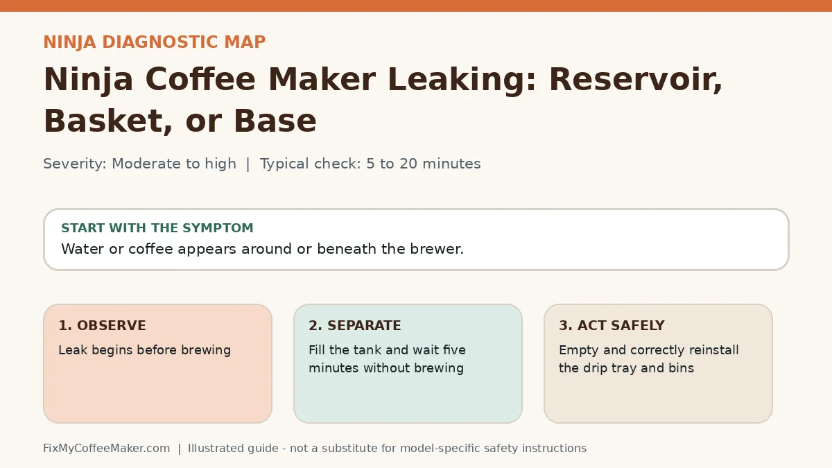 Diagnostic decision map for Ninja Coffee Maker Leaking: Reservoir, Basket, or Base