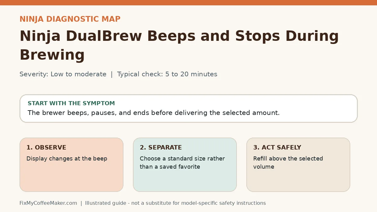 Diagnostic decision map for Ninja DualBrew Beeps and Stops During Brewing