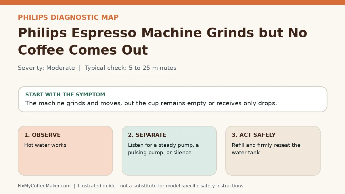 Diagnostic decision map for Philips Espresso Machine Grinds but No Coffee Comes Out