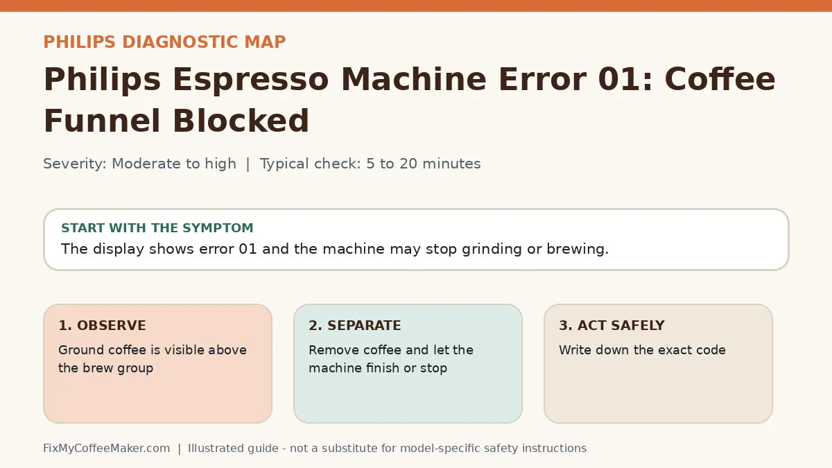 Diagnostic decision map for Philips Espresso Machine Error 01: Coffee Funnel Blocked