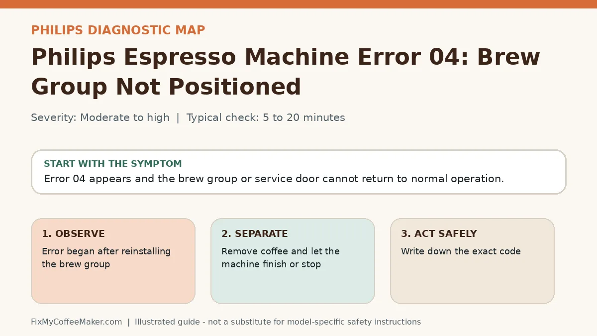 Diagnostic decision map for Philips Espresso Machine Error 04: Brew Group Not Positioned