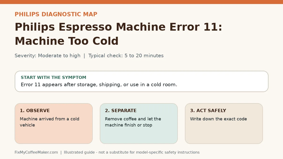 Diagnostic decision map for Philips Espresso Machine Error 11: Machine Too Cold